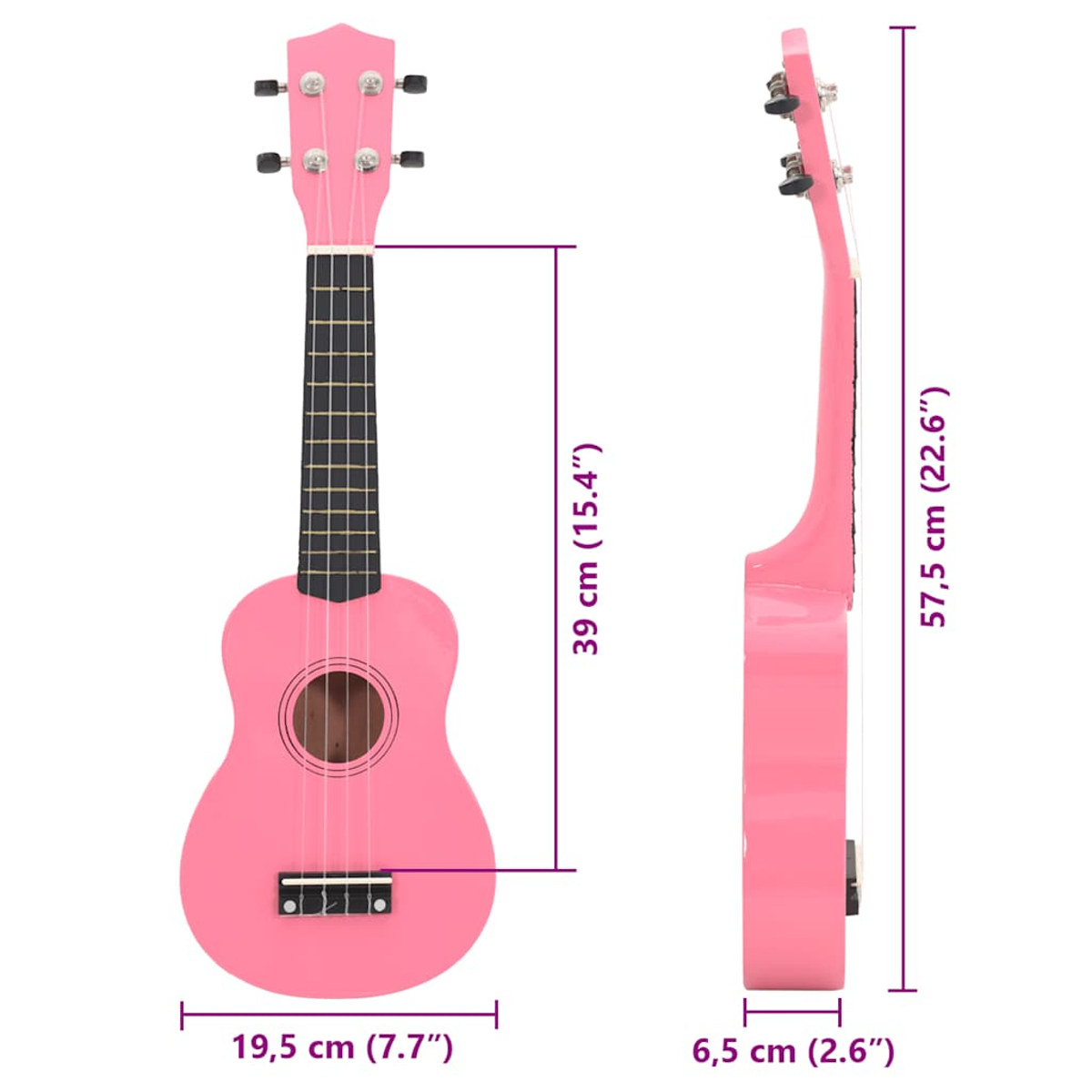 Zwei Ansichten einer rosa Ukulele mit Maßangaben.