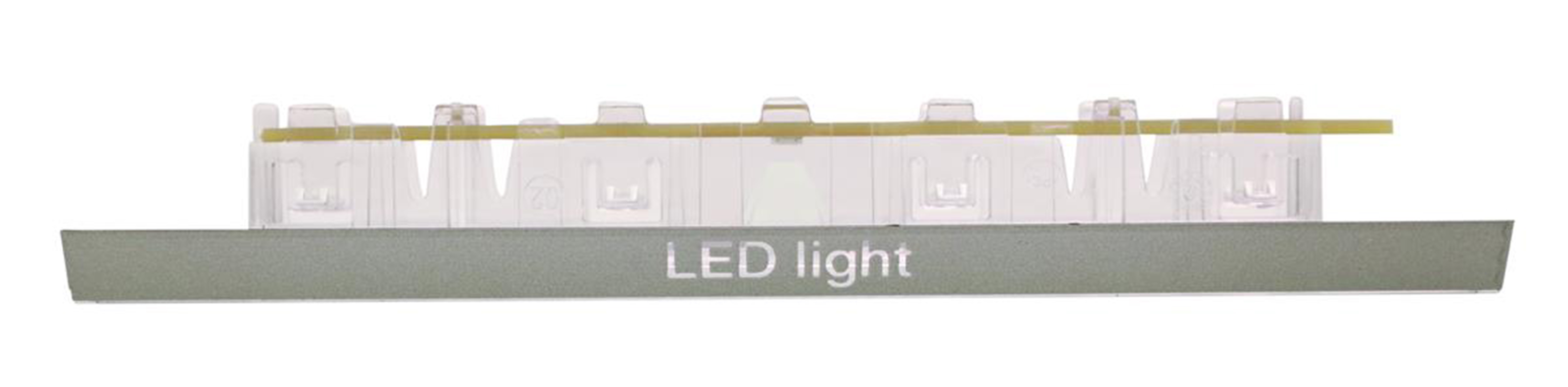 Ein grauer Balken mit der Aufschrift "LED light" und transparenten Halterungen.