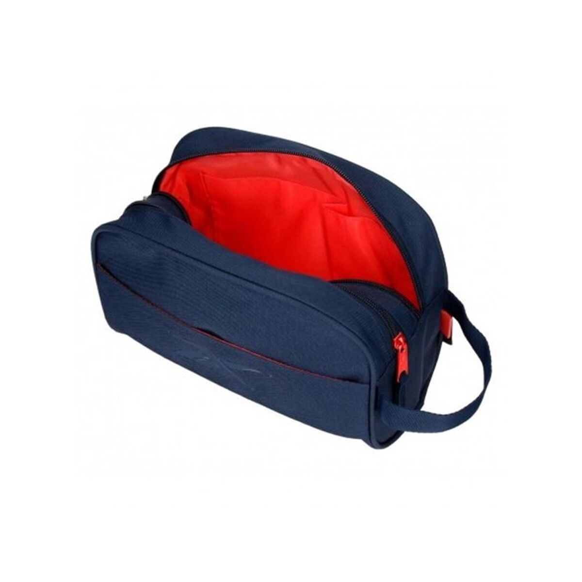 Eine dunkelblaue Kulturtasche mit rotem Innenfutter und rotem Reißverschluss.