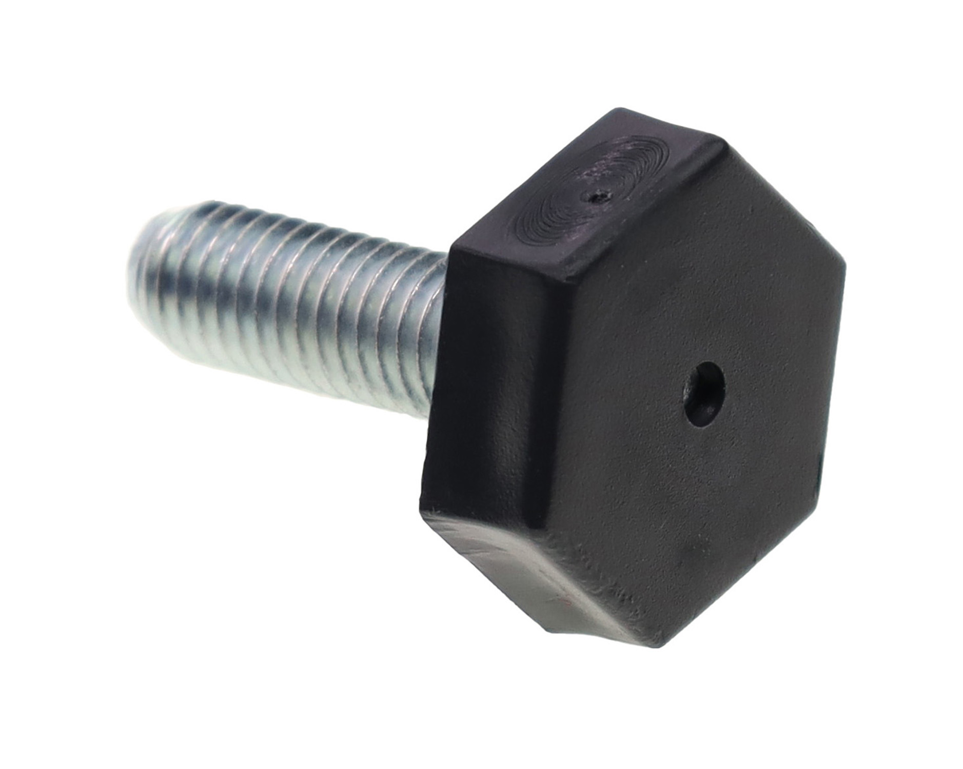 Ein metallischer Bolzen mit einem sechseckigen schwarzen Kunststoffgriff.