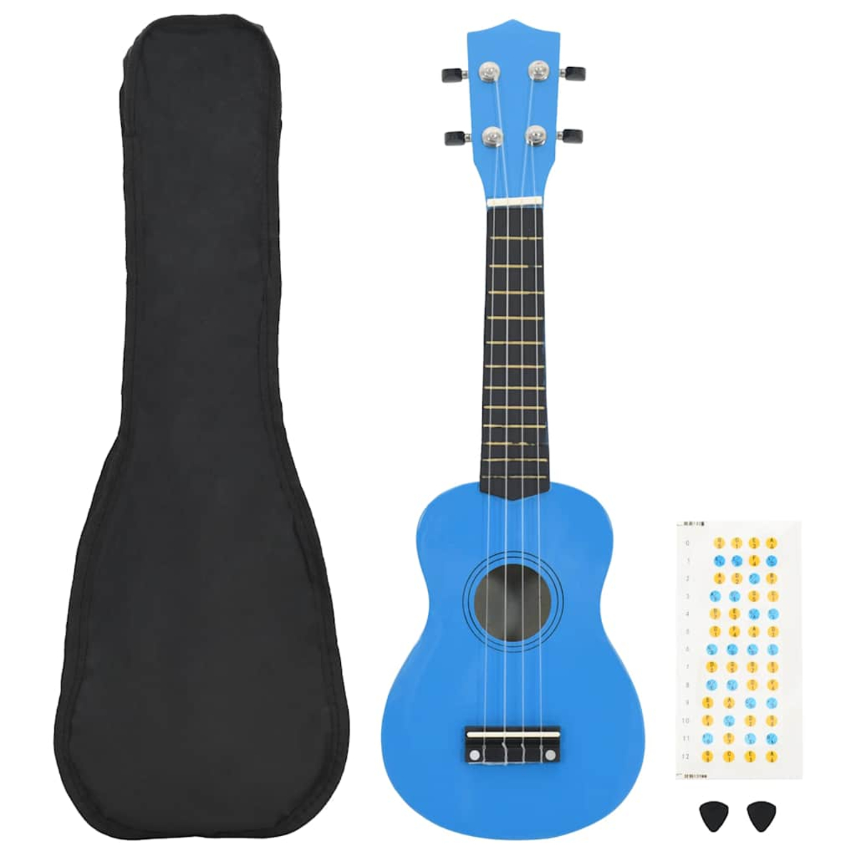 Blauer Ukulele mit schwarzer Tasche, Aufklebern und Plektren.