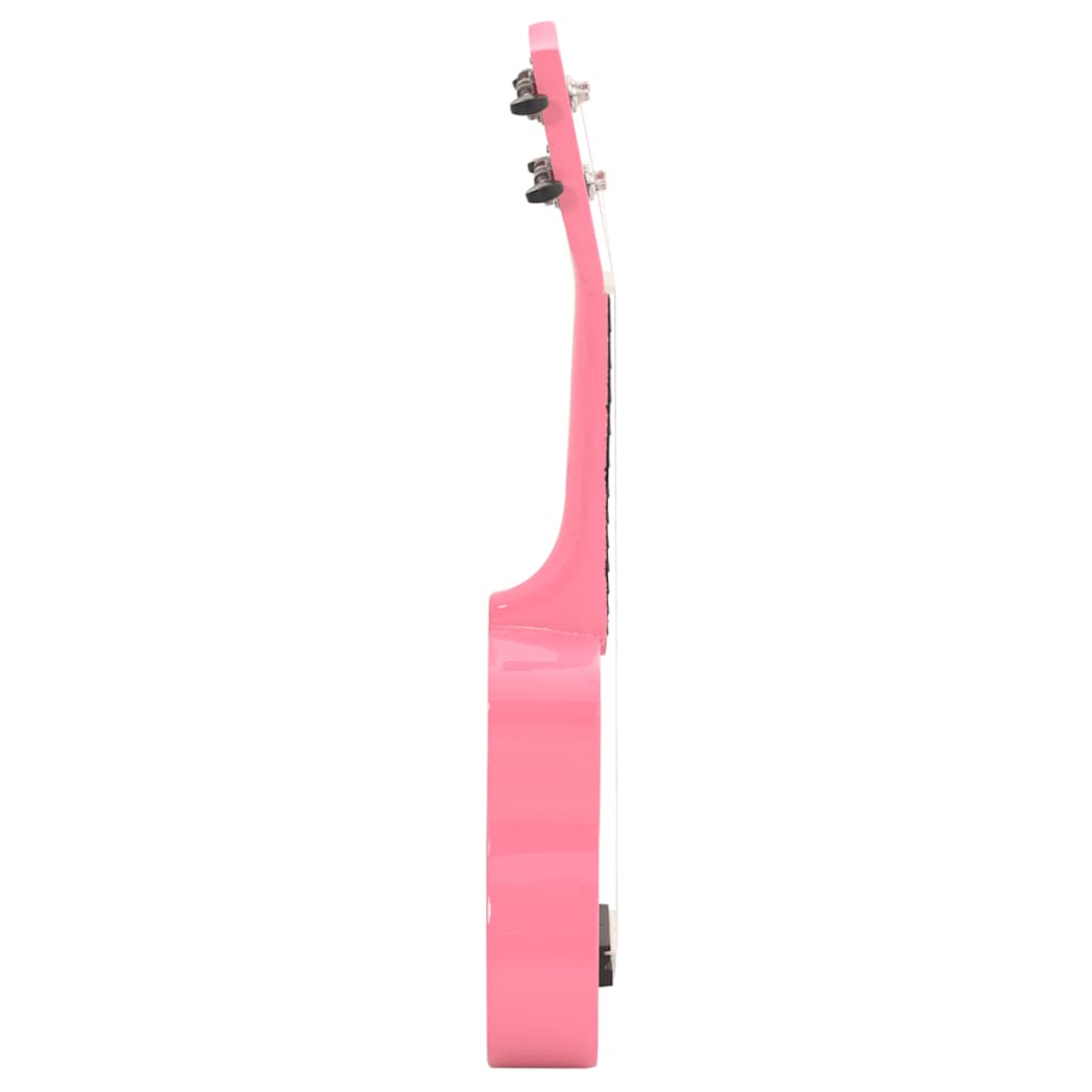 Eine rosa Ukulele mit Saiten und Stimmwirbeln, von der Seite gesehen.
