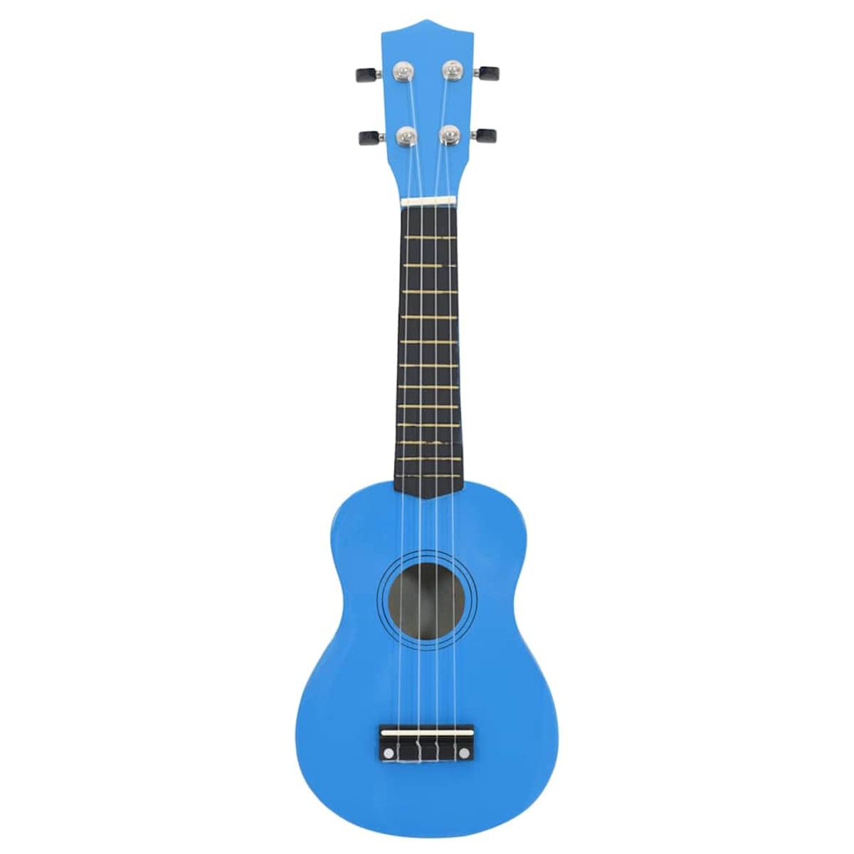 Eine blaue Ukulele mit Saiten, einem Schallloch und Stimmwirbeln auf weißem Hintergrund.