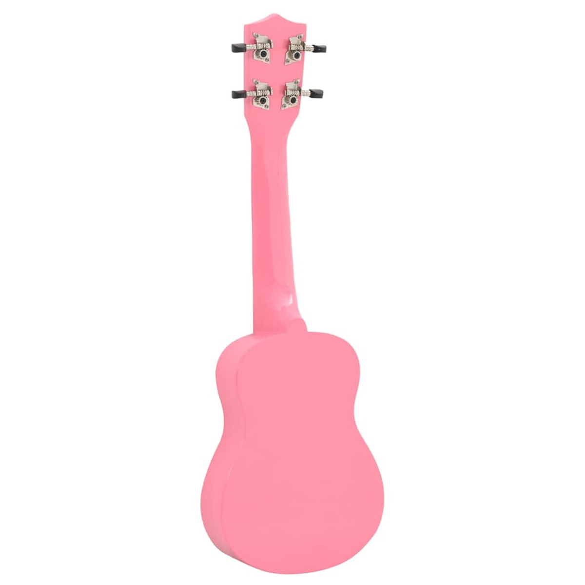 Eine rosa Ukulele mit Chrom-Mechaniken, von hinten gesehen.