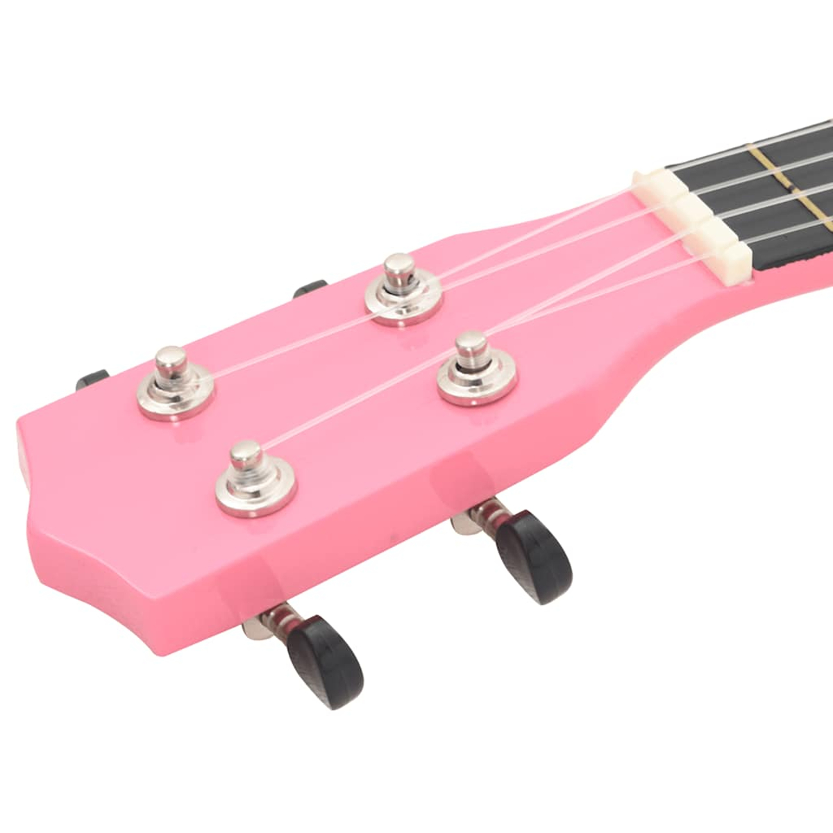 Nahaufnahme des rosa Ukulelenkopfes mit Saiten und Stimmmechaniken.