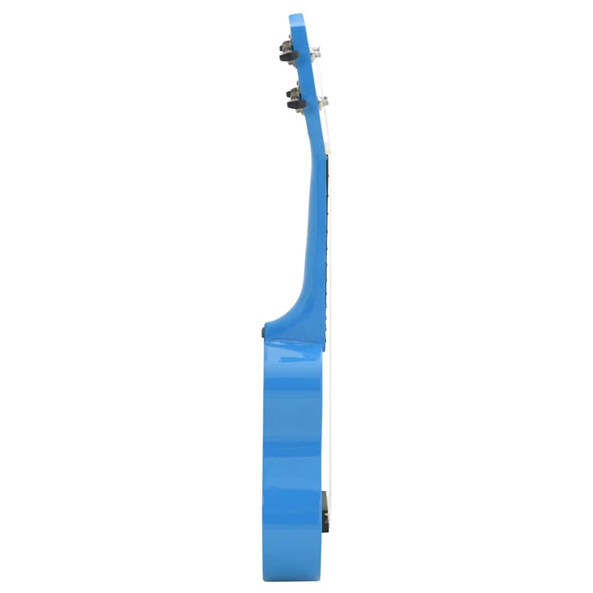 Ein hellblaues Ukulele-Halsstück mit Wirbeln und Saiten auf weißem Hintergrund.