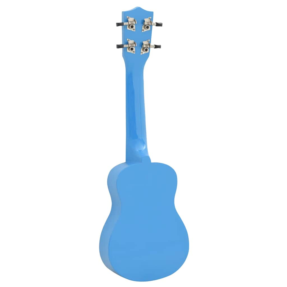 Eine hellblaue Ukulele, von hinten gesehen, mit einem weißen Hintergrund.
