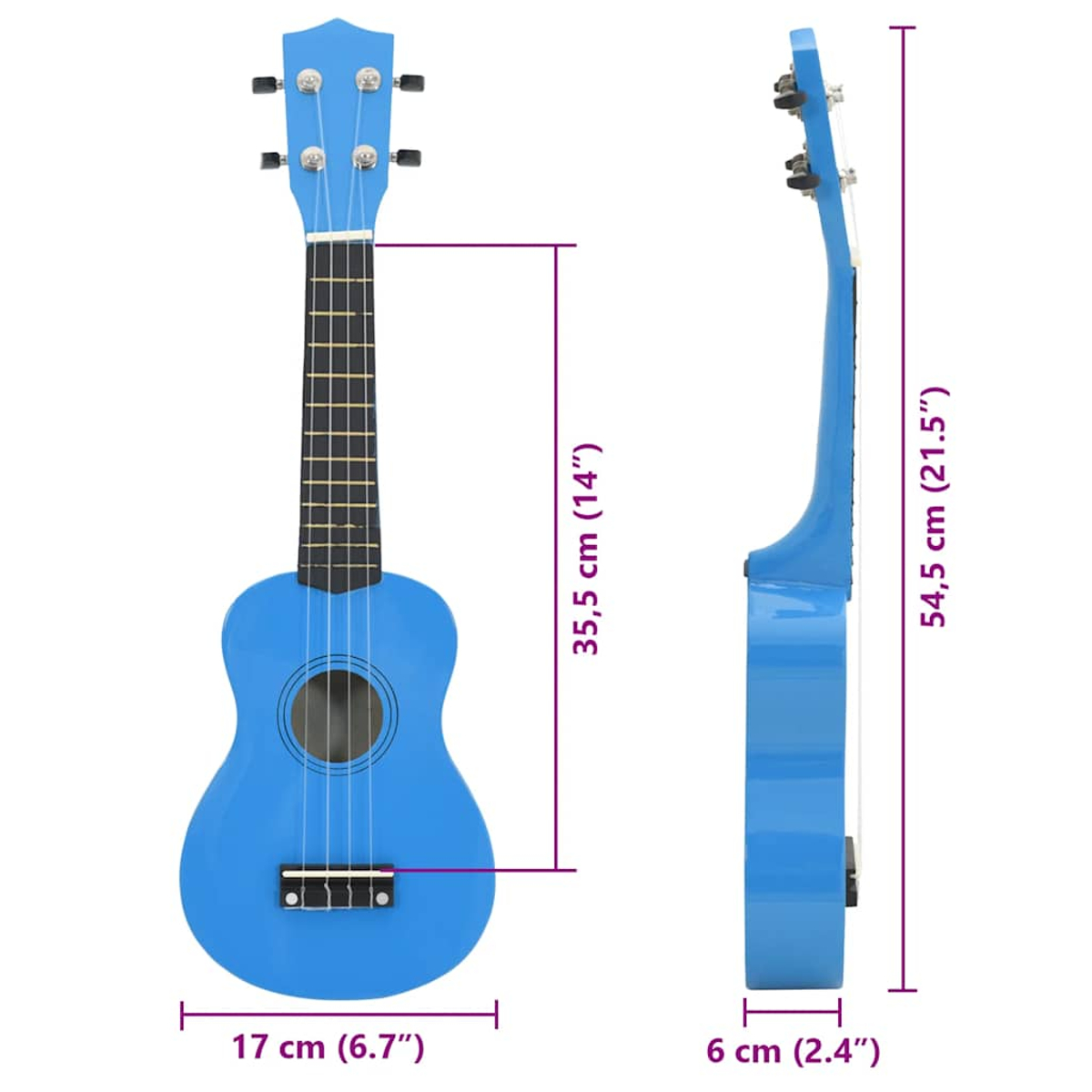 Blaue Ukulele von vorne und Seite mit Maßen. Breite 17cm, Tiefe 6cm, Länge 54,5cm.