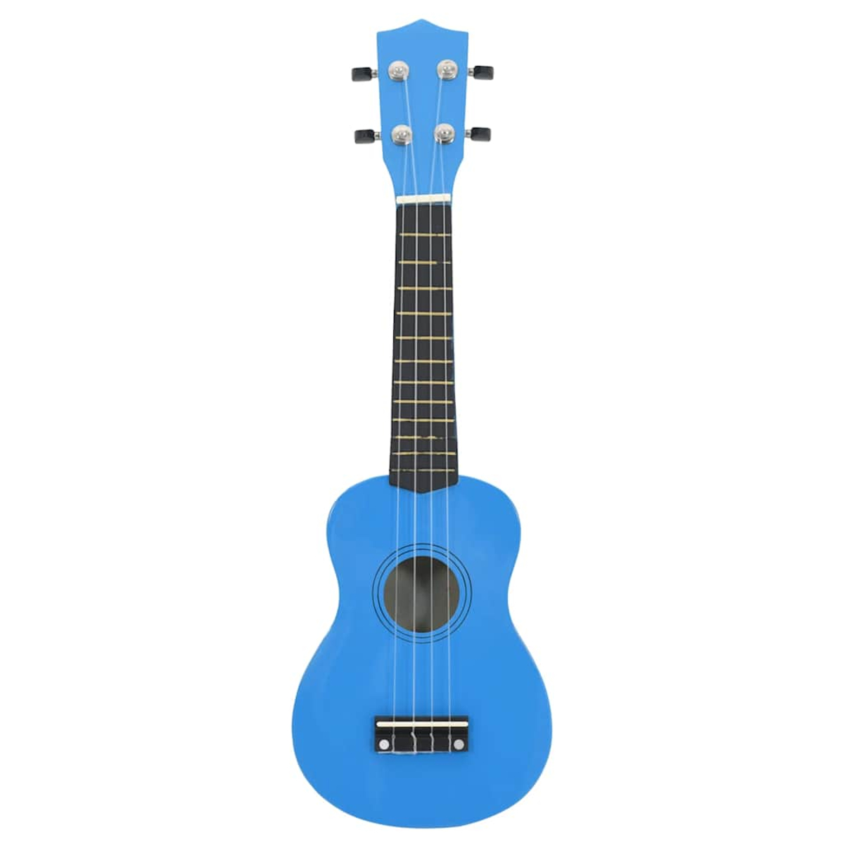 Ein blauer Ukulele mit vier Saiten auf weißem Hintergrund.