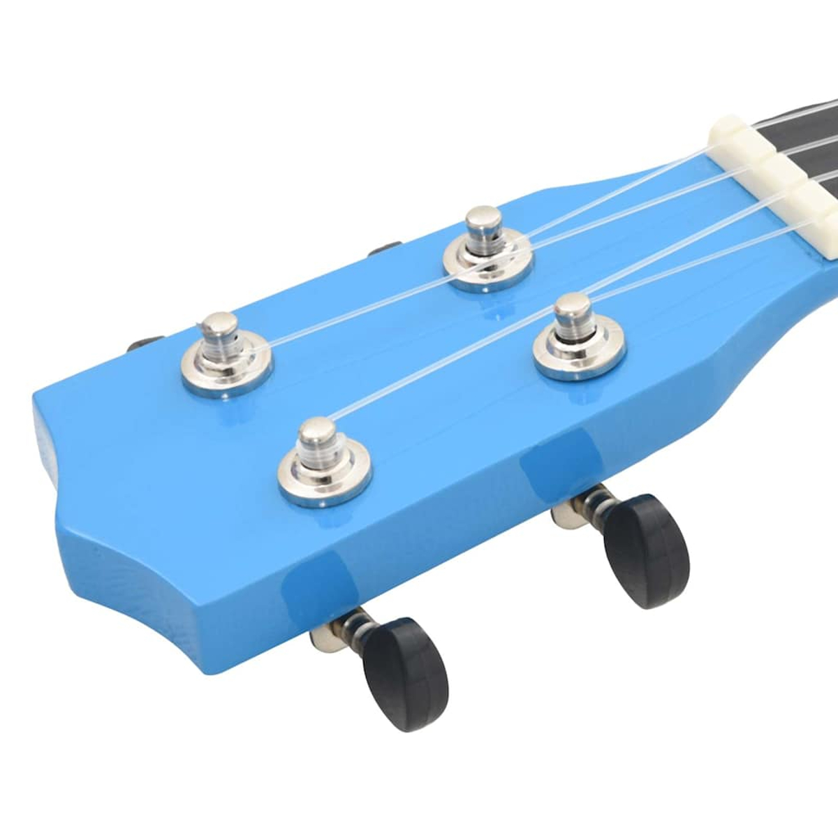 Blauer Ukulelenkopf mit vier Saiten und silbernen Stimmmechaniken.