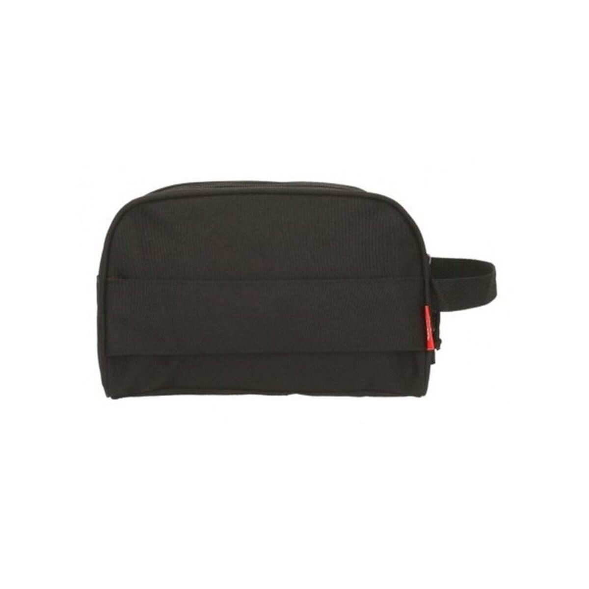 Schwarze Kosmetiktasche mit Reißverschluss und Trageschlaufe.