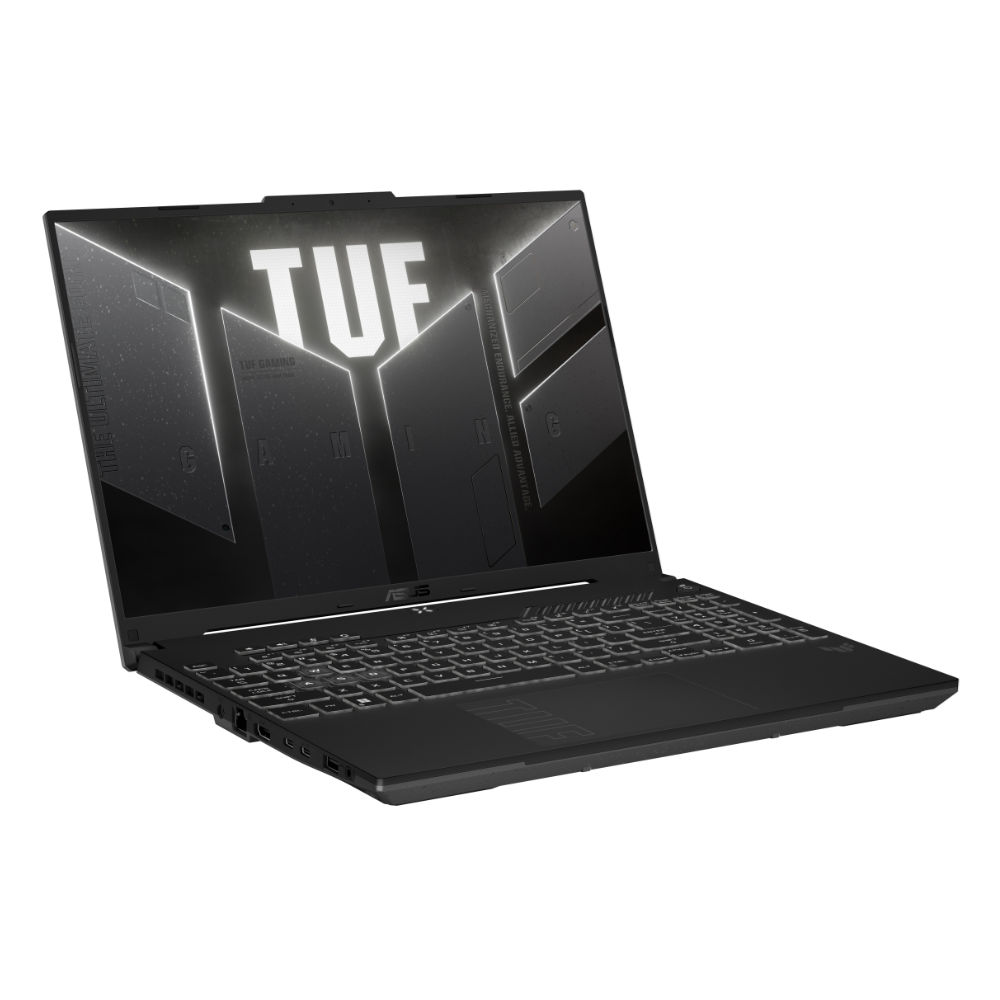 Arkadan aydınlatmalı klavyeli siyah Asus TUF Gaming dizüstü bilgisayar, beyaz arka plan üzerinde.