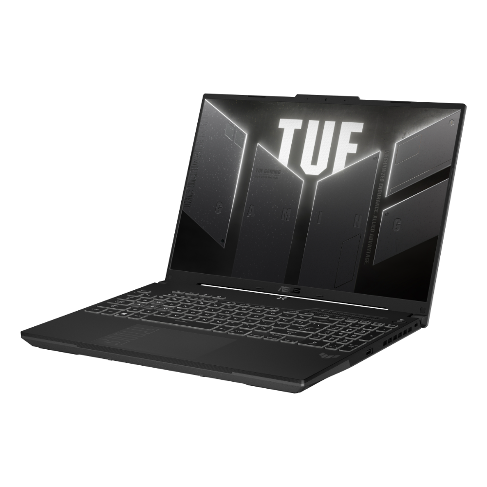 TUF logosunu gösteren açık ekranlı siyah bir ASUS TUF oyun dizüstü bilgisayarı.