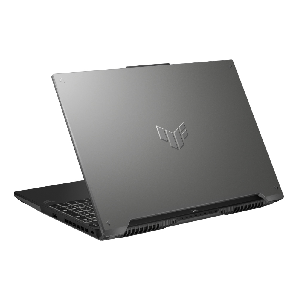 Kapalı gri bir dizüstü bilgisayar, üzerinde ASUS logosu bulunur.