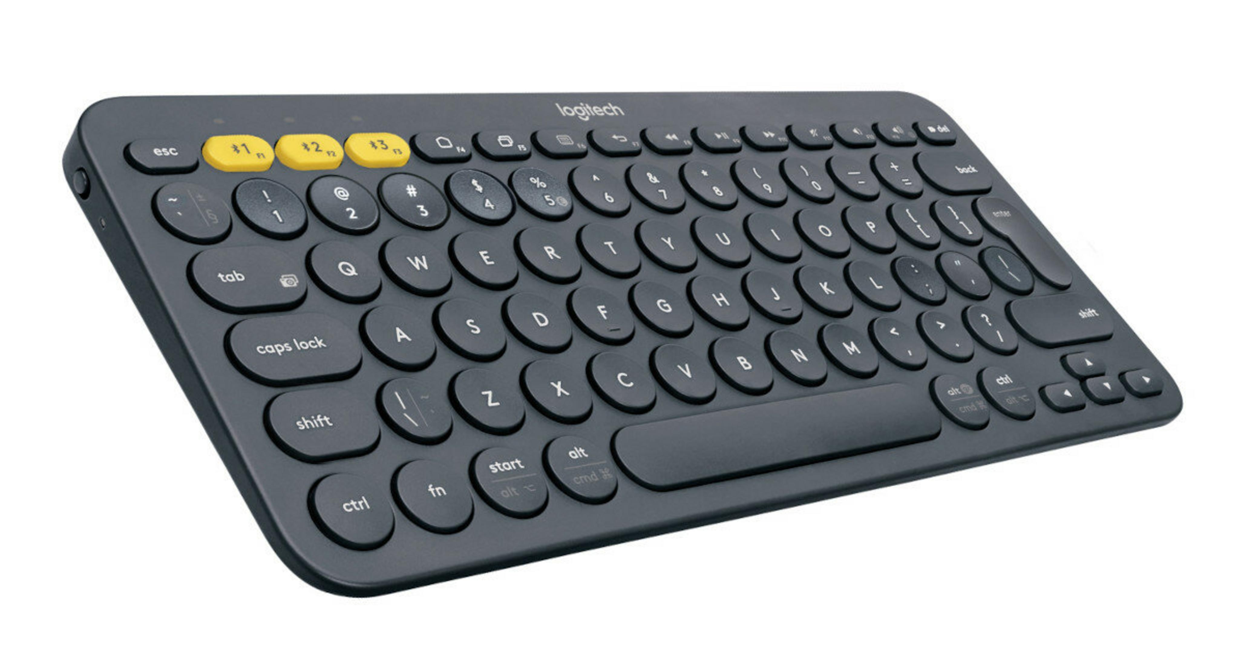 Een donkergrijs Logitech toetsenbord met ronde toetsen en gele functietoetsen.