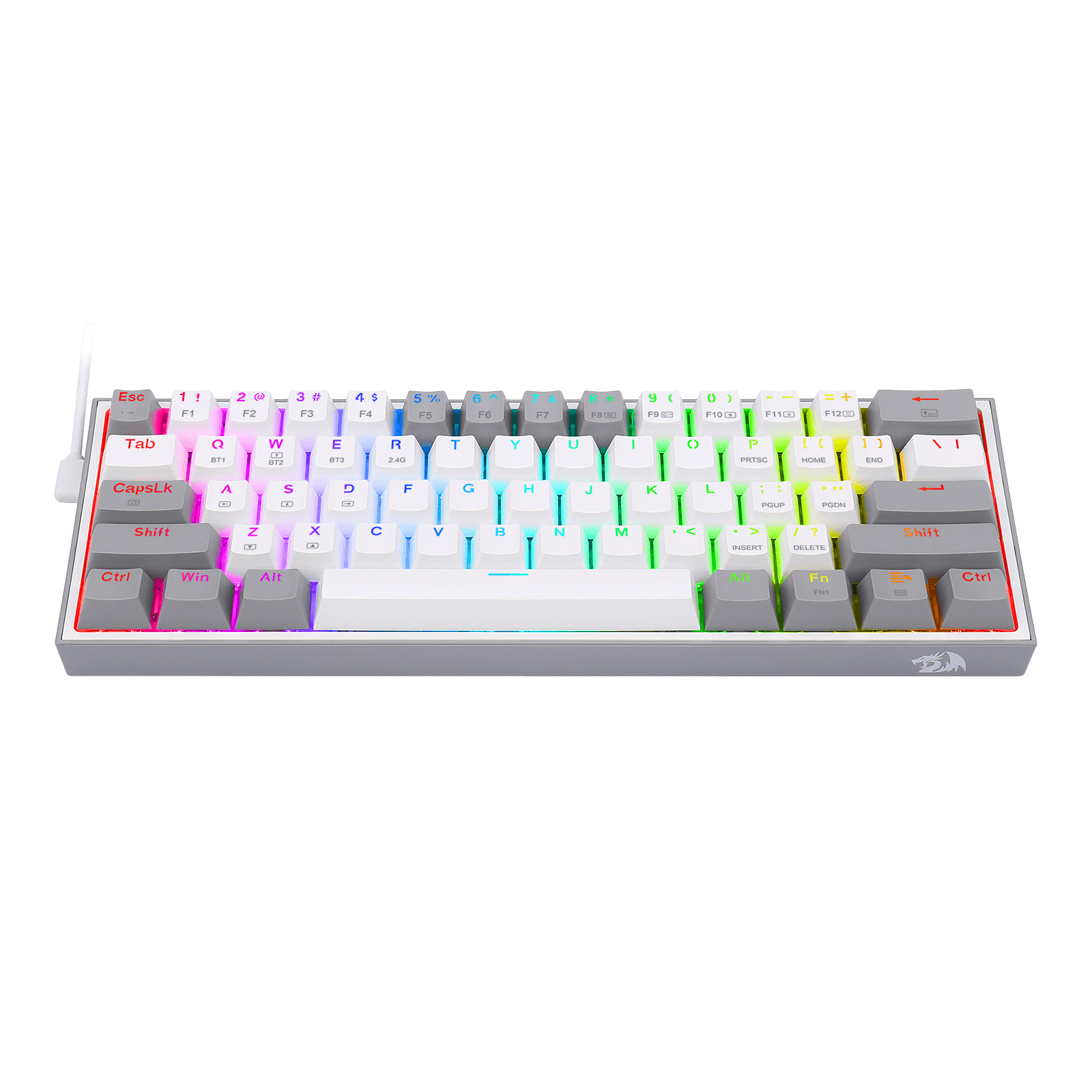 Una tastiera meccanica bianca con illuminazione RGB montata su una scocca grigia.