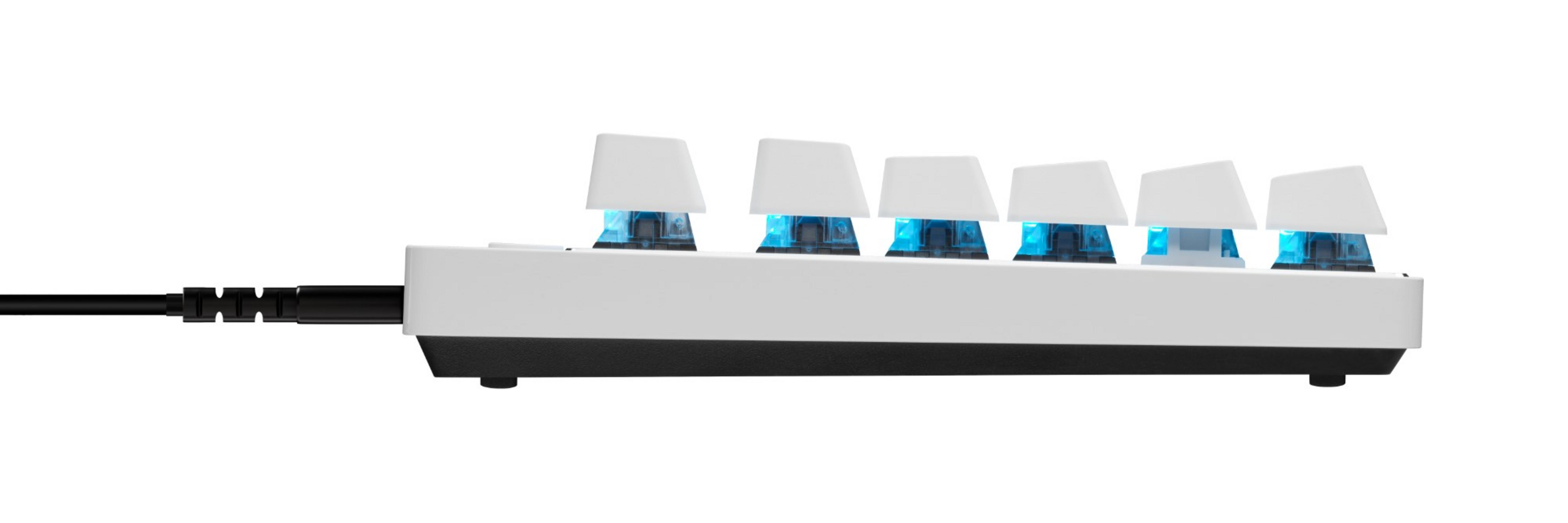 White keyboard with blue lights and black cable, side view.