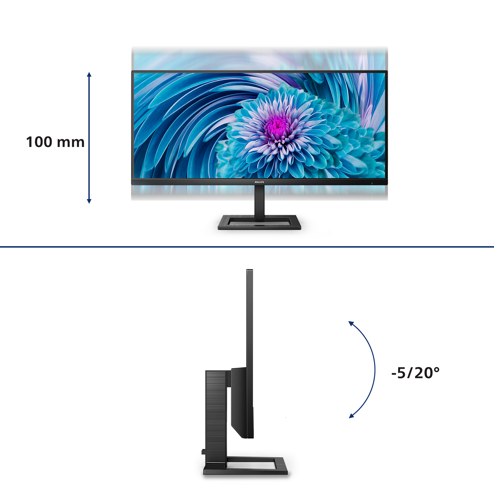 Un monitor Philips con imagen de flor azul y soporte plateado.