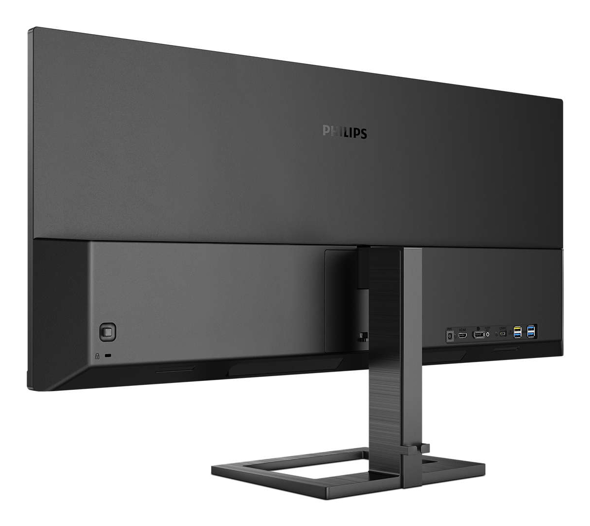 Vista trasera de un monitor Philips negro con soporte y puertos.