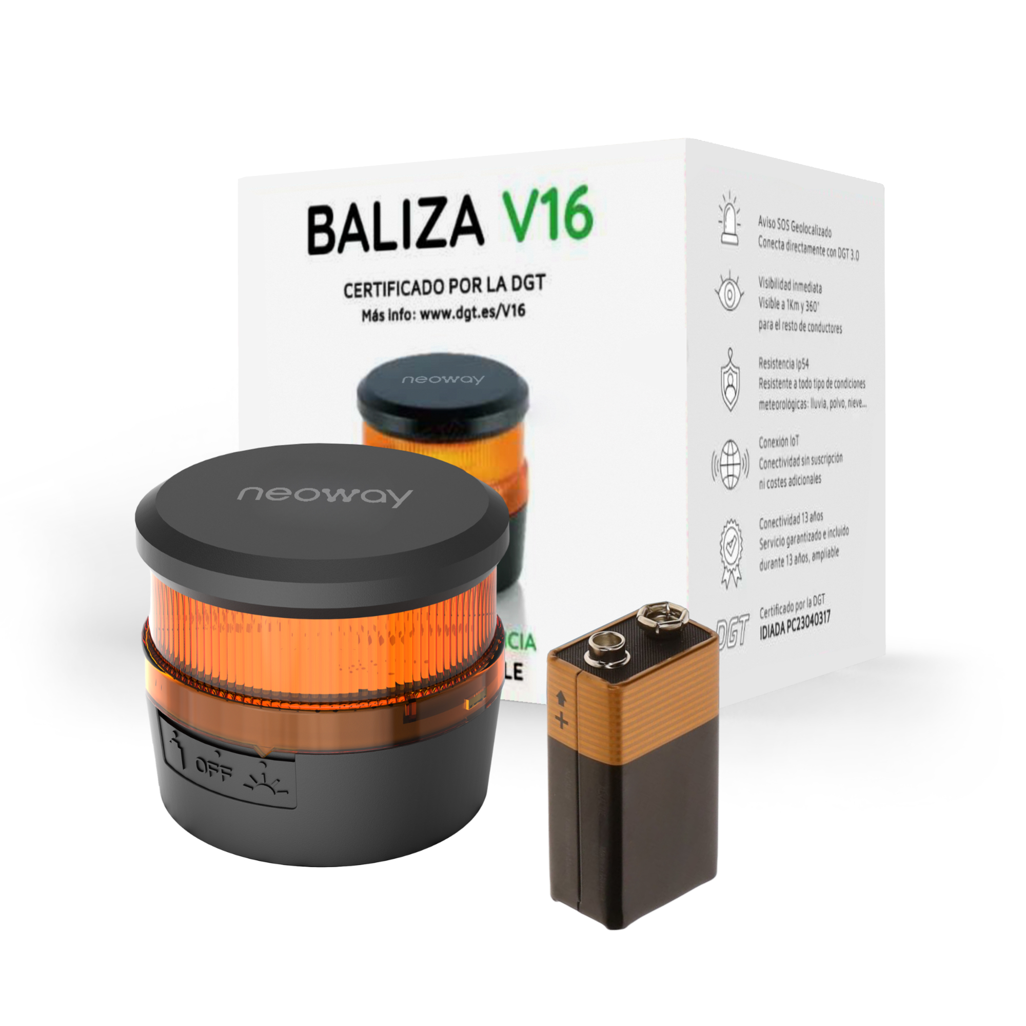 Una luz de advertencia naranja y una batería de 9V junto a una caja de producto.