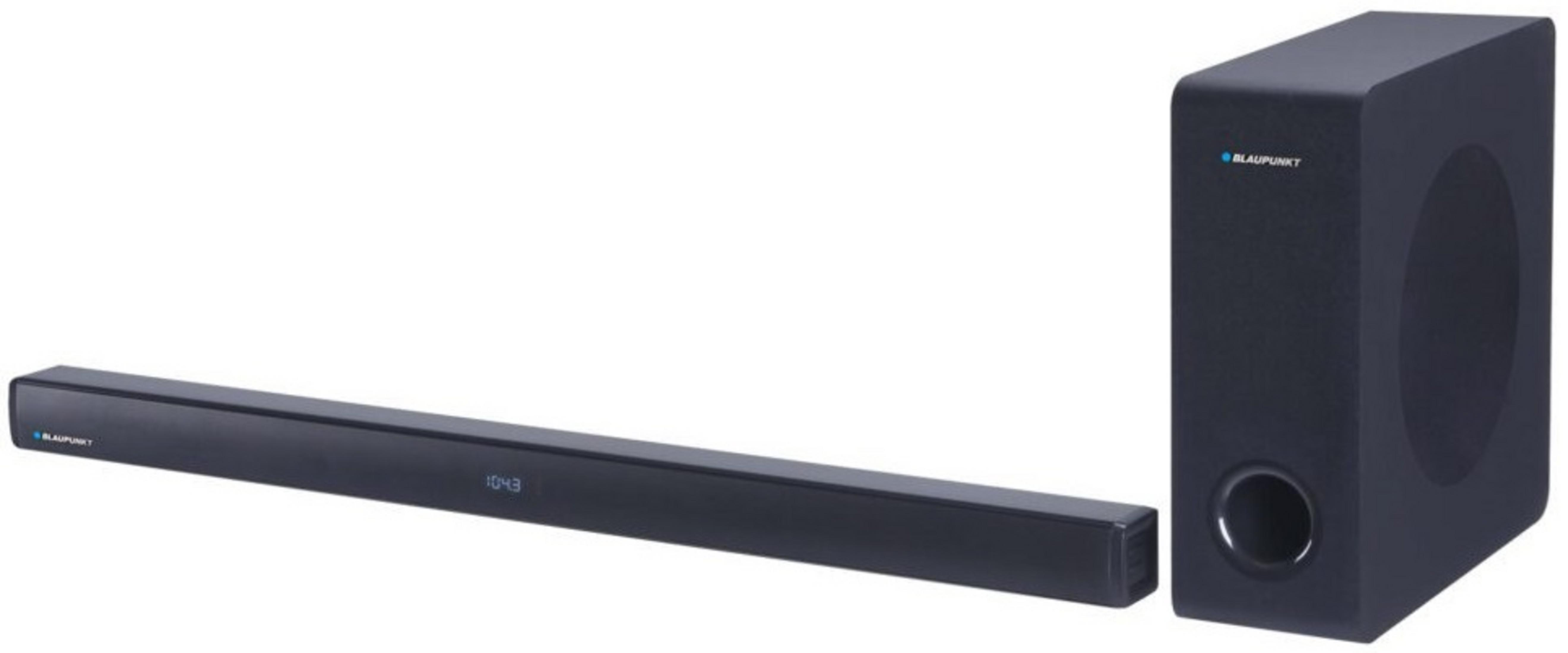 Soundbar e subwoofer Blaupunkt neri su sfondo bianco.