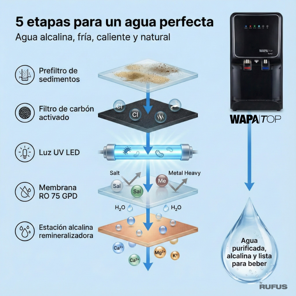Diagrama muestra 5 etapas de filtración de agua: sedimento, carbón, UV-LED, RO y remineralización.