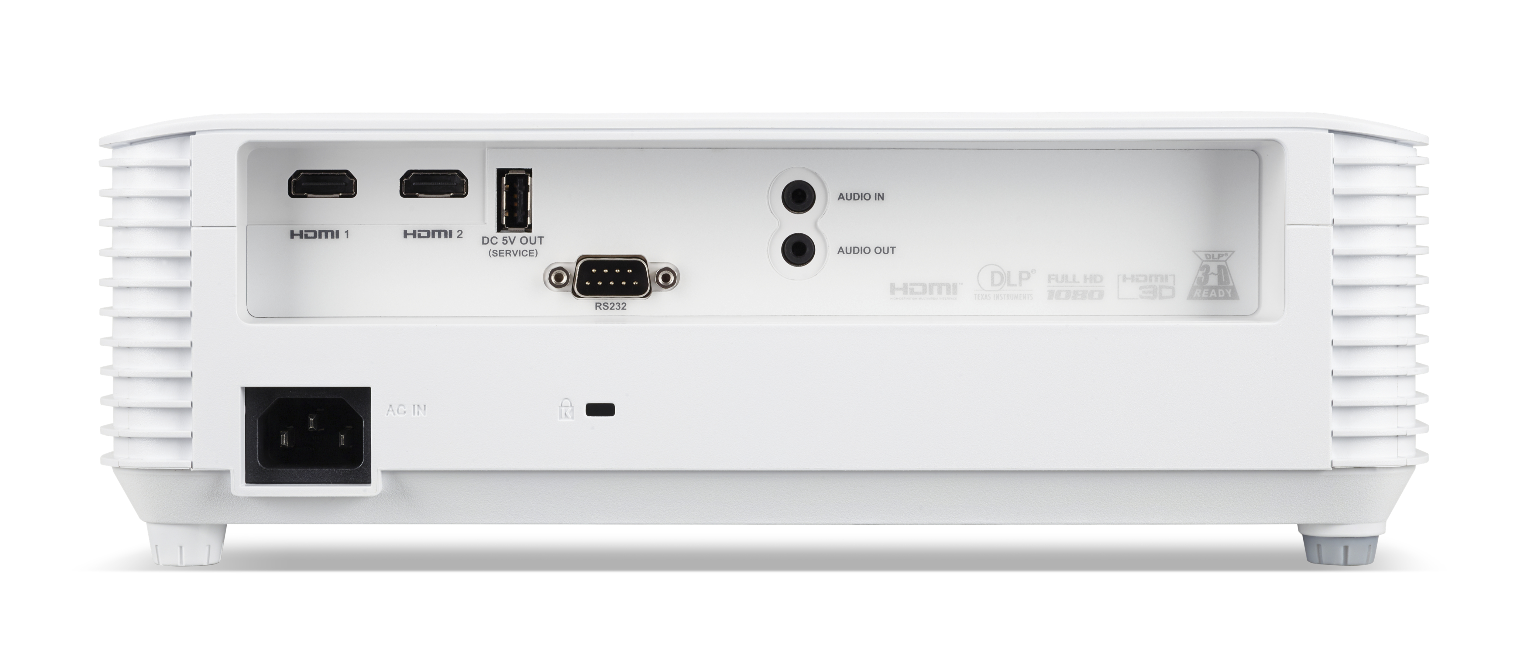 Rückseite eines weißen Projektors mit Anschlüssen: HDMI, USB, RS232, Audio In/Out, Netzteil.