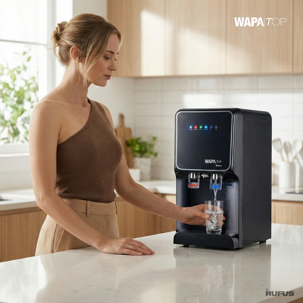 Mujer sirve agua en un vaso de un dispensador negro en una cocina.