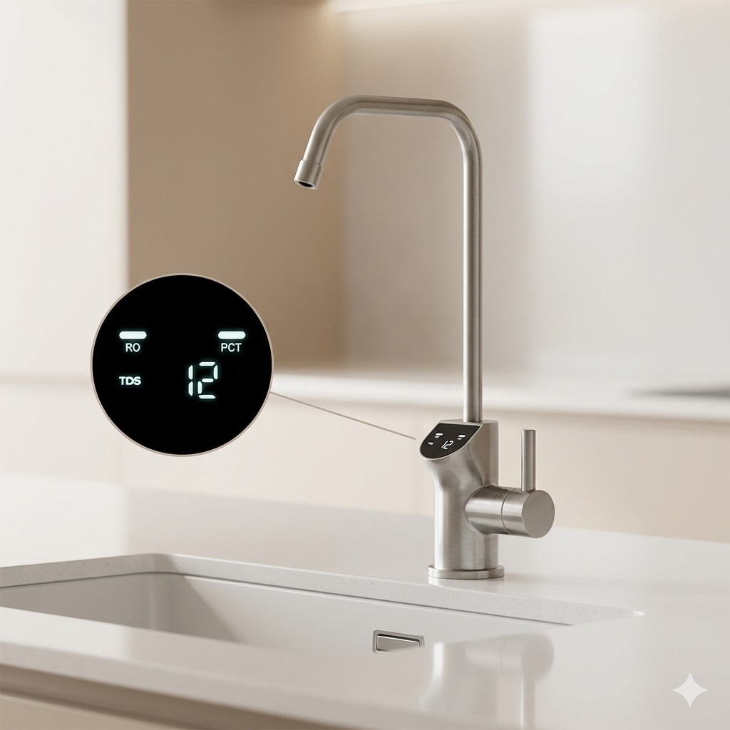 Grifo de cocina moderno de metal con pantalla digital de TDS y PCT.