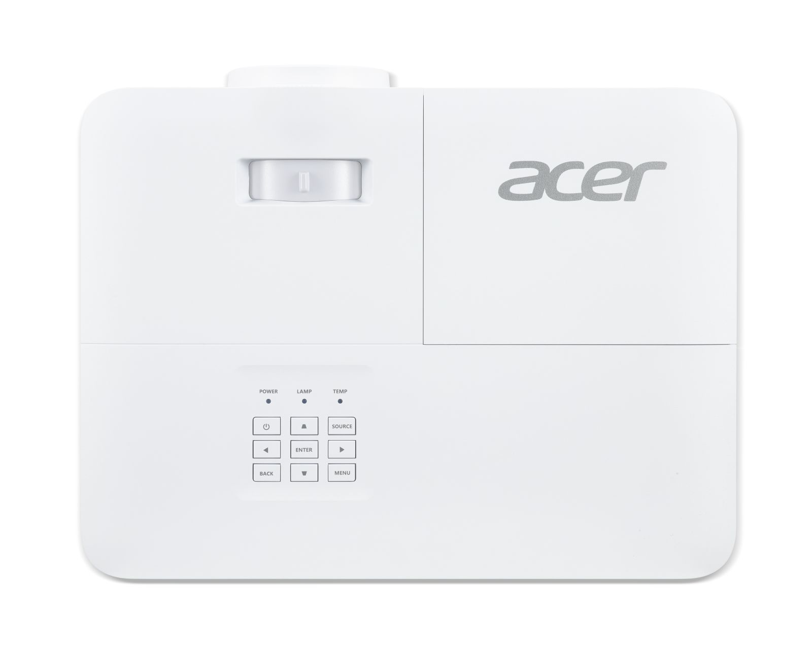 Ein weißer Acer-Projektor mit Tasten und Linsenabdeckung.