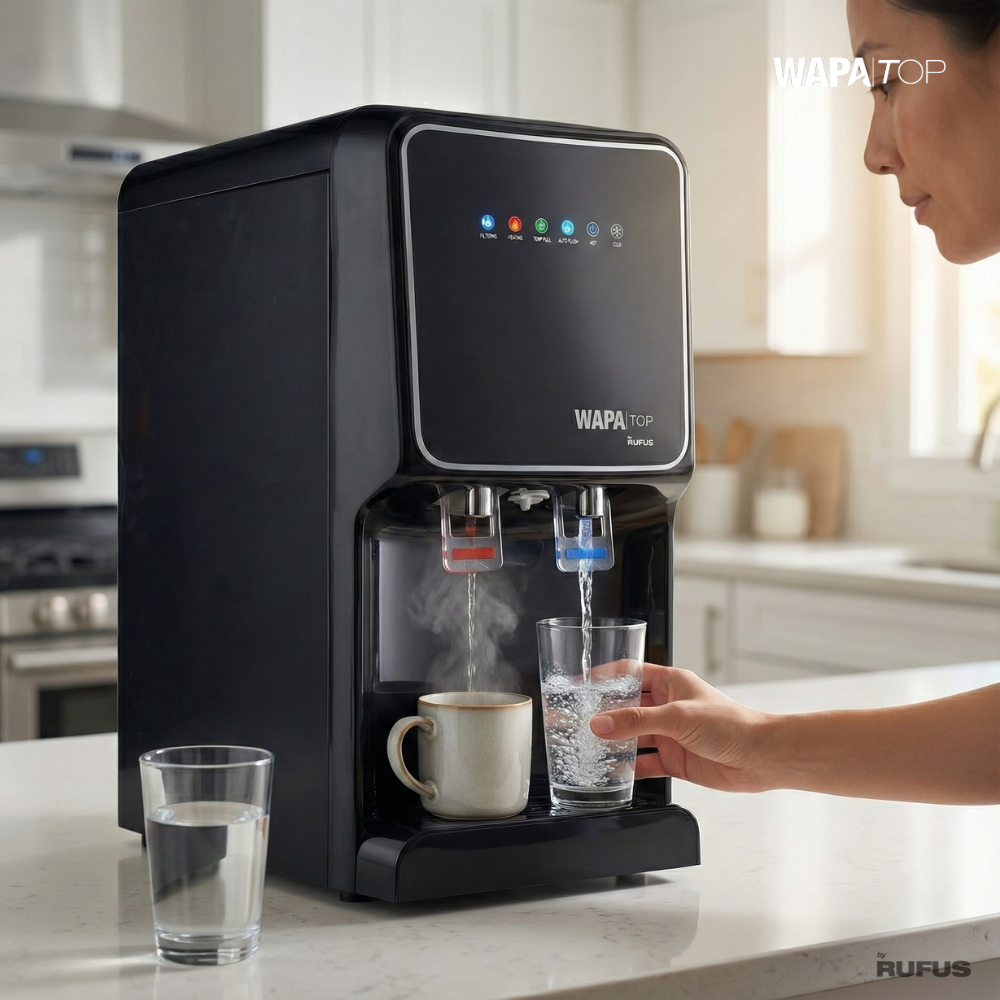 Una mujer llena un vaso con agua de un dispensador negro.