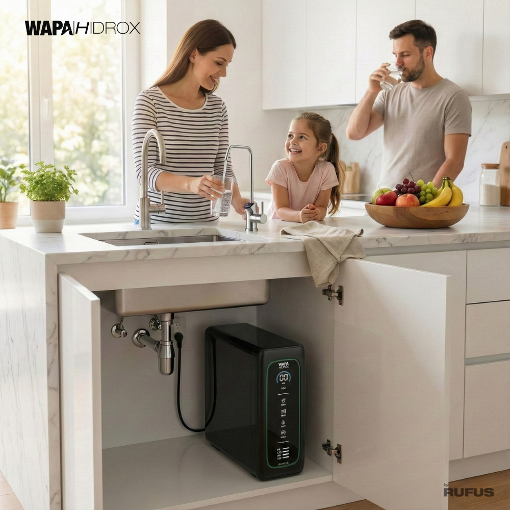 Familia en la cocina bebiendo agua de un grifo. Un filtro está debajo del fregadero.