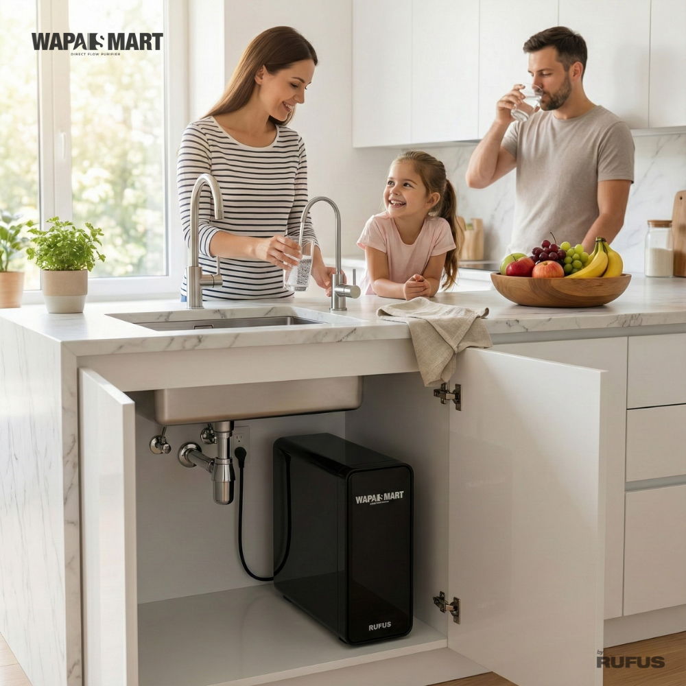 Familia bebiendo agua de un filtro de agua en la cocina.