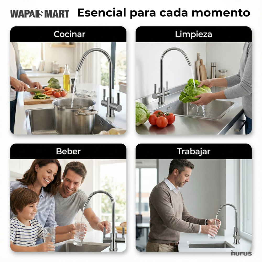 Cuatro escenas: cocinar, limpiar, beber, trabajar con un grifo.