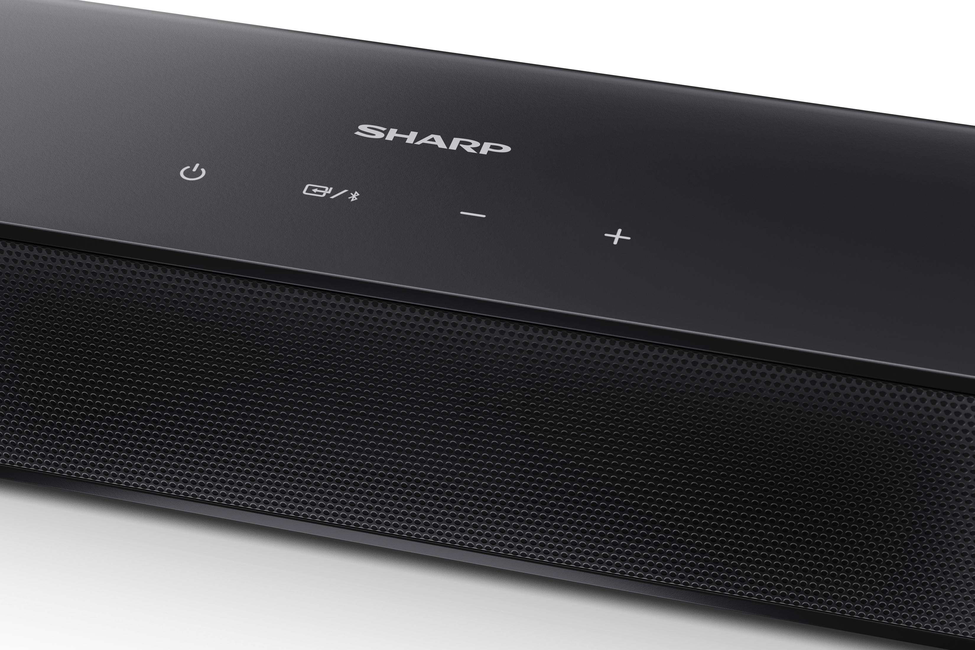 Schwarzer SHARP Soundbar mit Bedienelementen und Lochmuster-Lautsprechergitter.