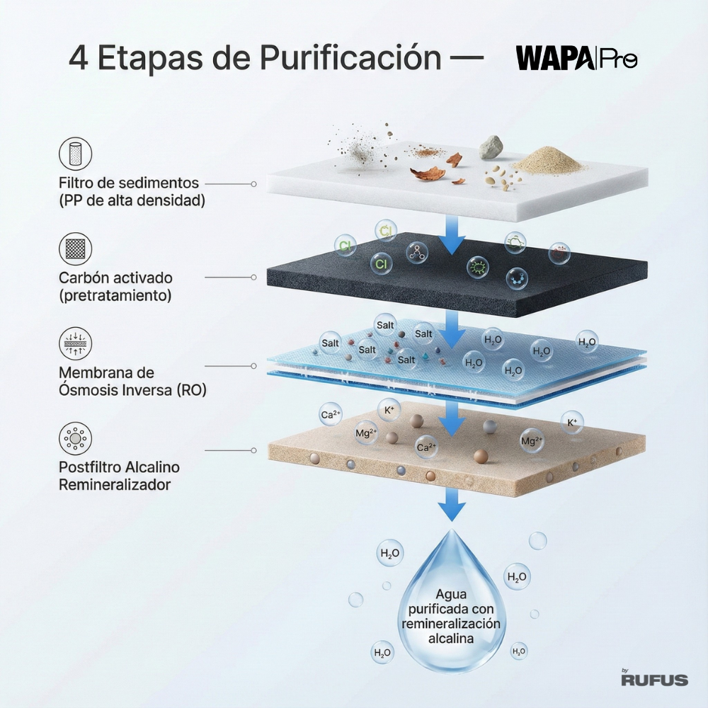 Diagrama muestra 4 etapas de purificación de agua: Sedimento, Carbón Activado, RO.