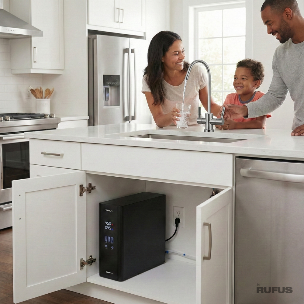 Familia en cocina, mujer llena vaso, hombre y niño a la derecha, aparato negro izq.