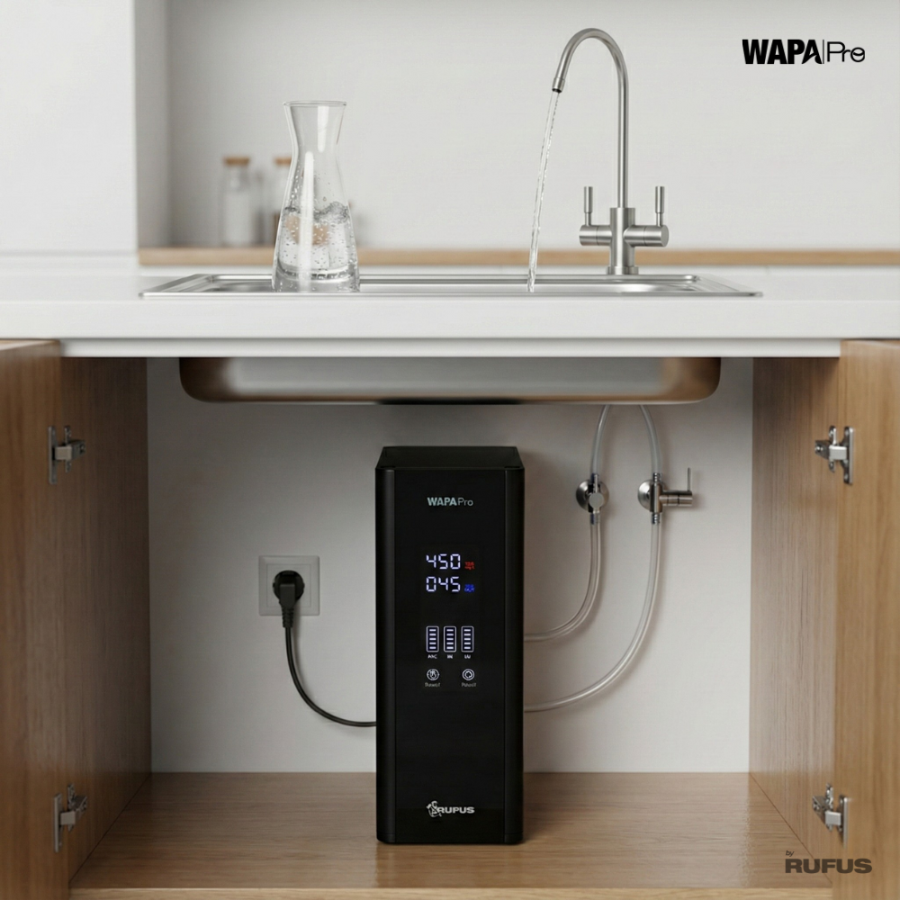 Un filtro de agua negro bajo el fregadero con pantalla digital y cable de alimentación enchufado.