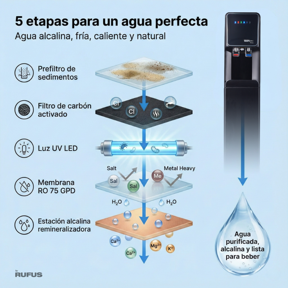 Infografía muestra 5 etapas de purificación de agua con dispensador.