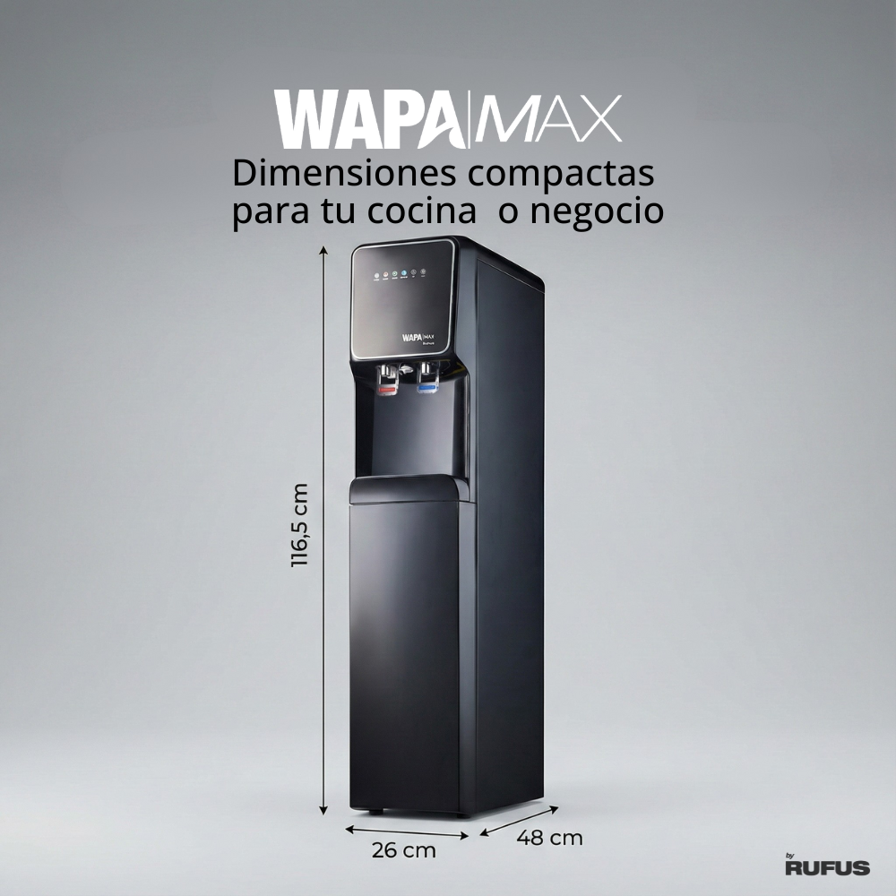 Un elegante dispensador de agua negro WAPAMAX, de 116,5 cm de alto.