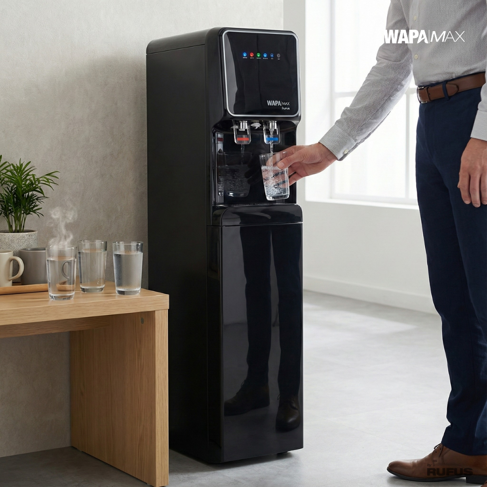 Un hombre llena un vaso de agua de un dispensador negro.