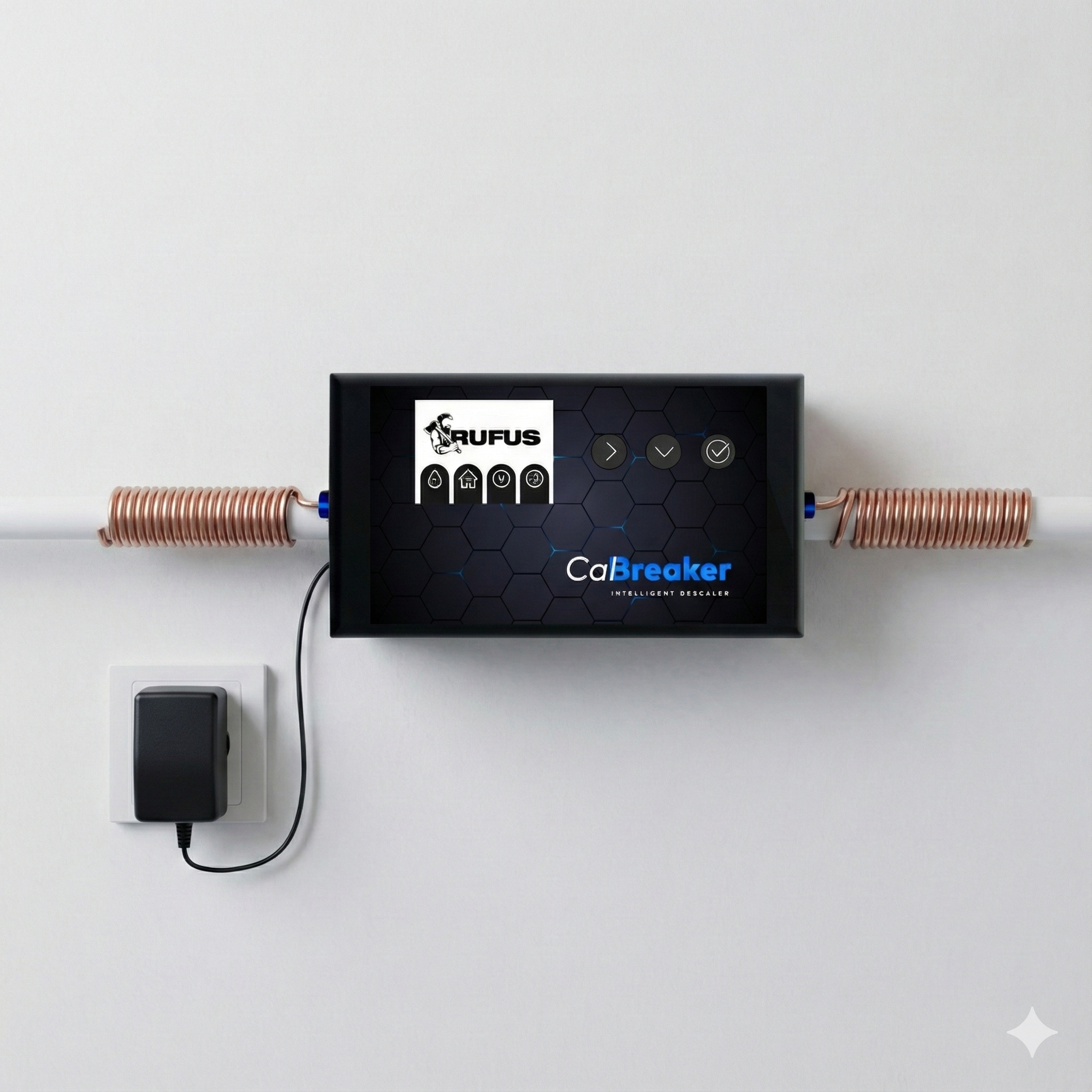 Dispositivo electrónico con bobinas de cobre en tubería, montado en pared.