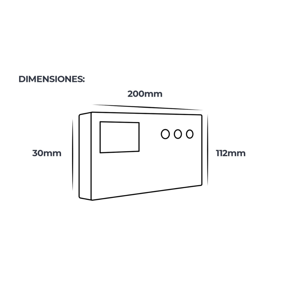 Un dispositivo rectangular con pantalla cuadrada y tres botones circulares. Dimensiones mostradas.