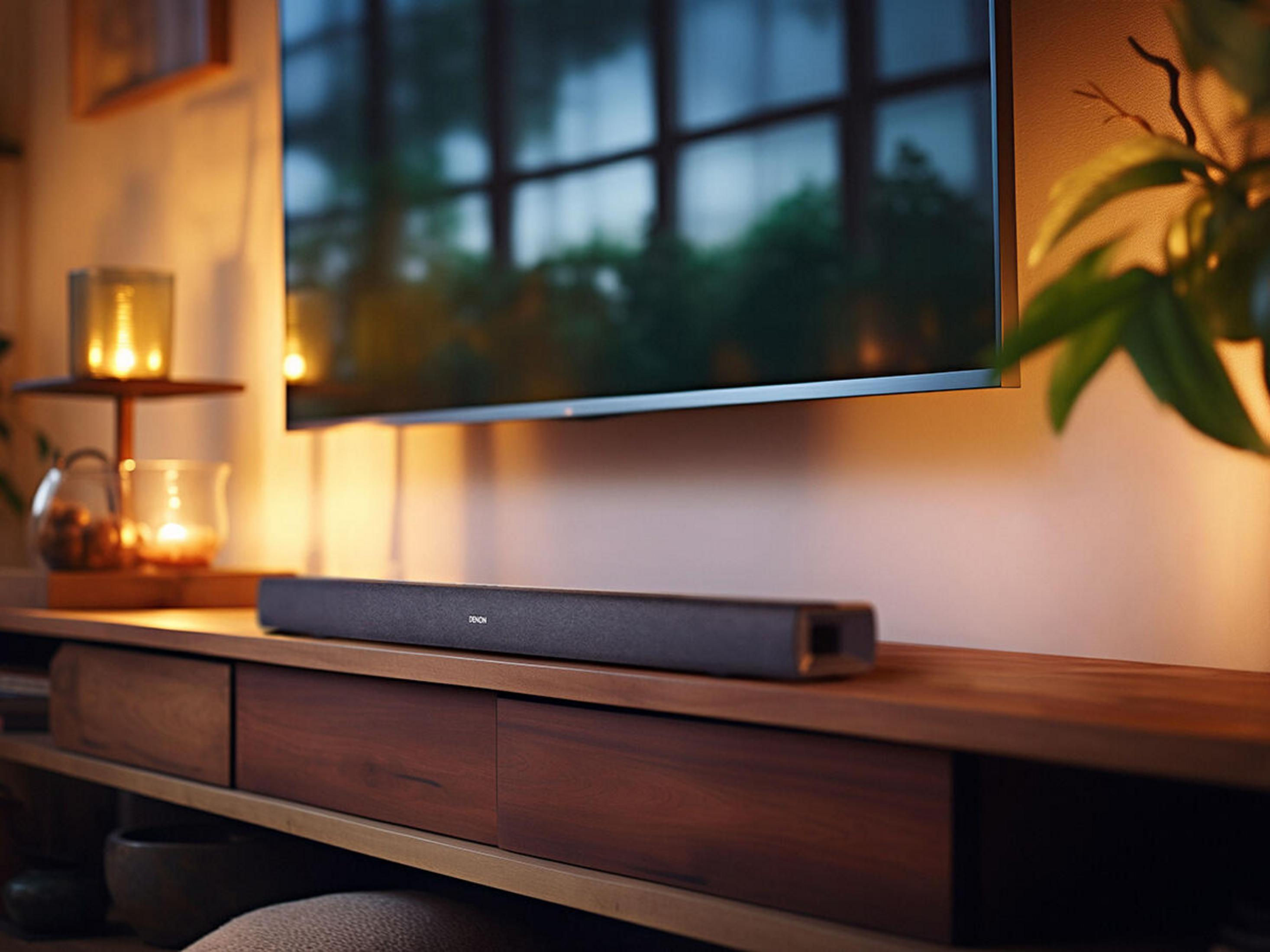 Ciemny soundbar na drewnianej szafce z telewizorem nad nim.