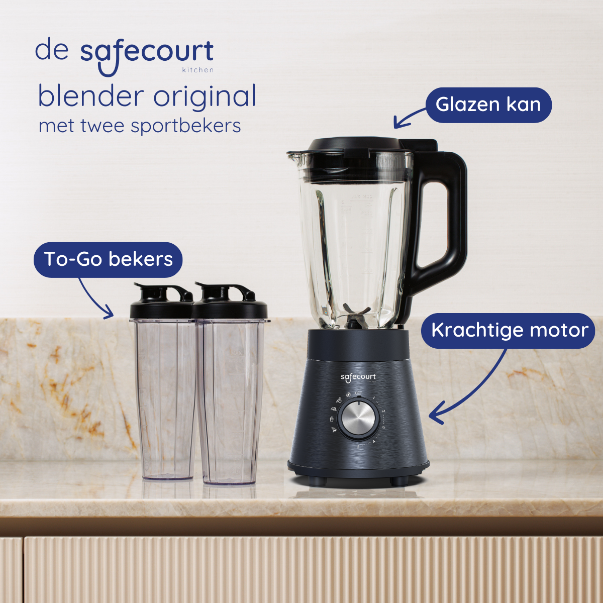 A black Safecourt blender with a glass jug and two to-go cups.