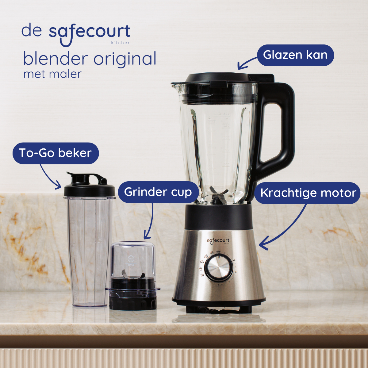 Safecourt blender met glazen kan, to-go beker en maalbeker.