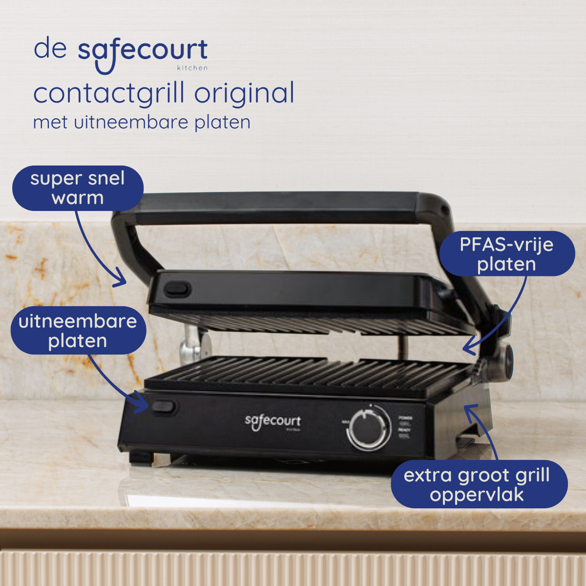 Black contact grill with labels 'super fast warm' and 'PFAS-free plates'.