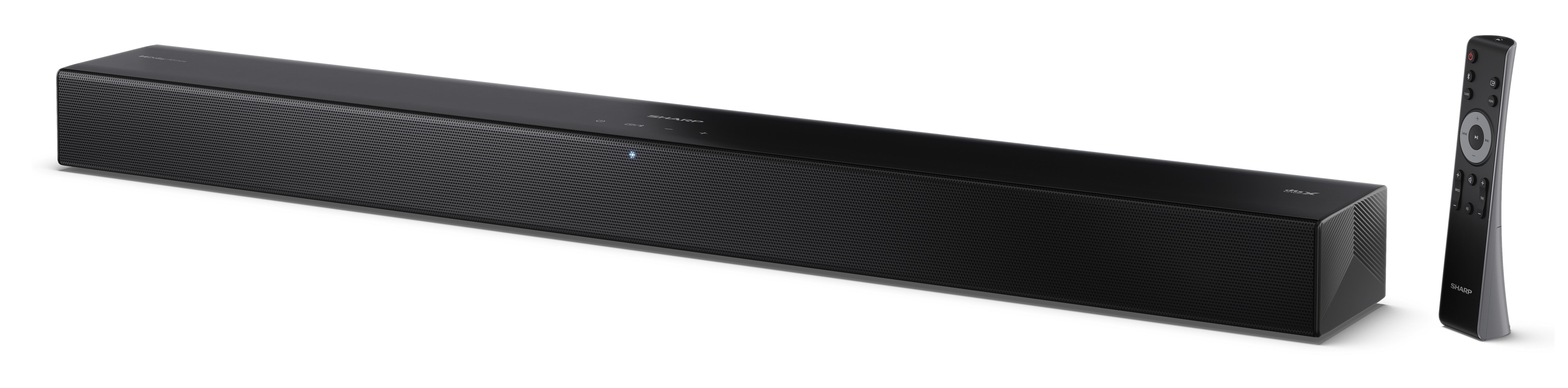 Czarny soundbar i pilot na białym tle.