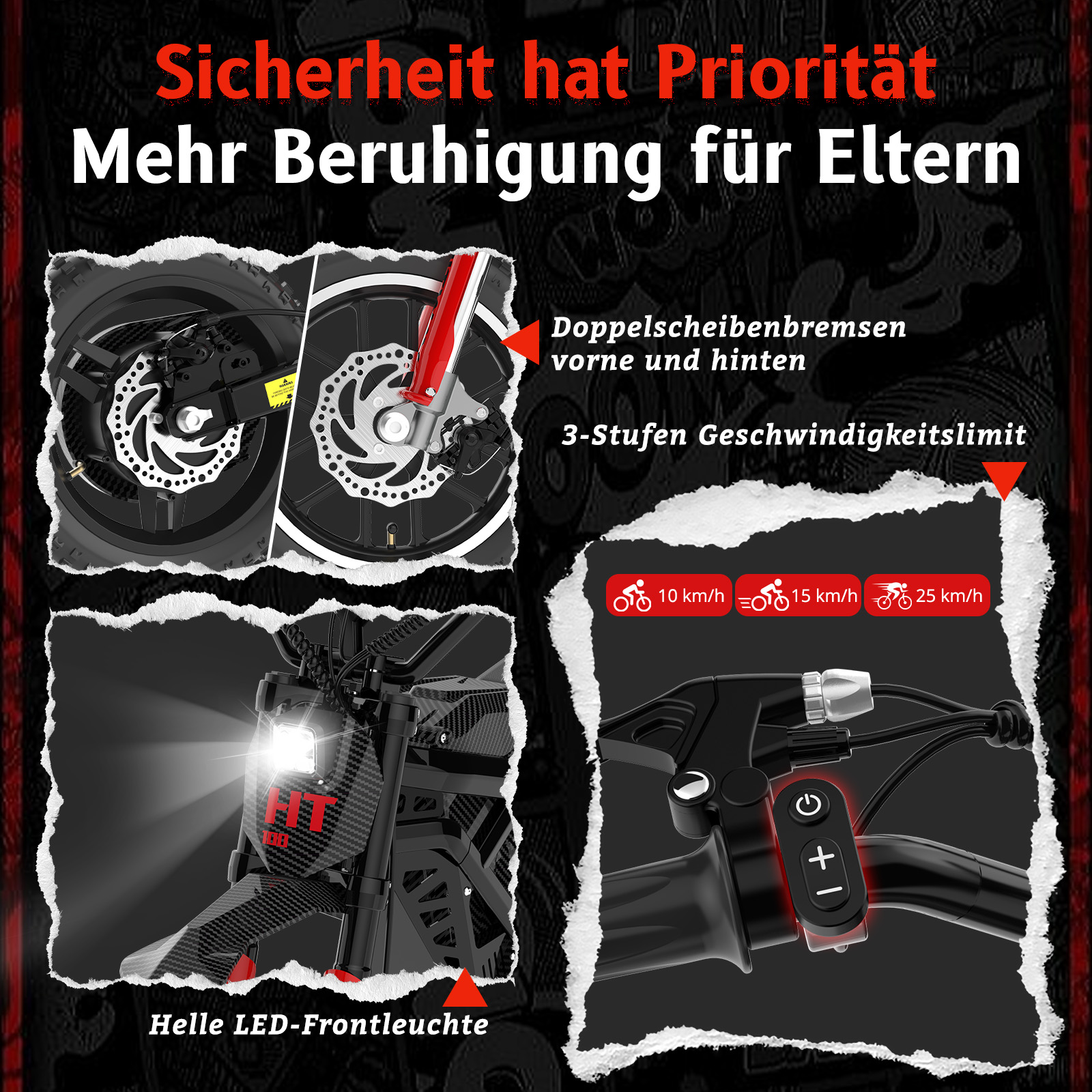 Details eines E-Scooters: Doppelscheibenbremsen, LED-Licht, Geschwindigkeitsanzeigen.