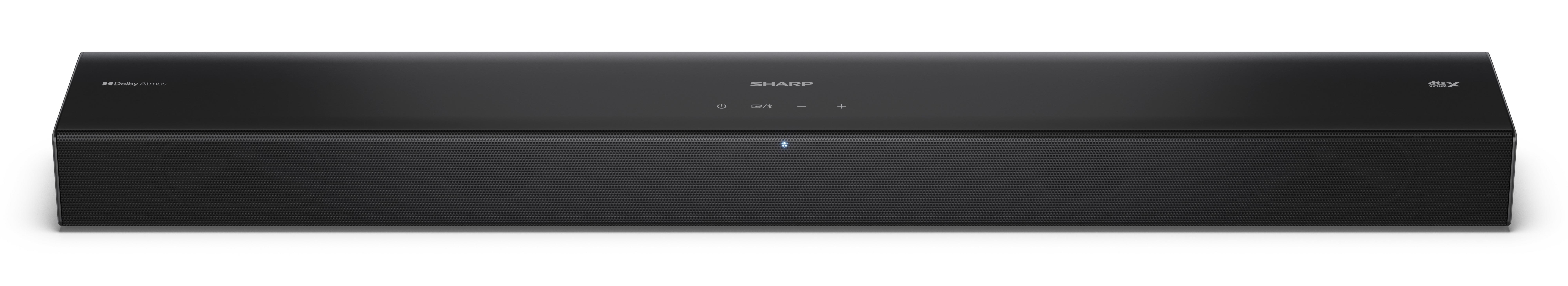 Czarny soundbar z logo Dolby Atmos i DTS:X Virtual.